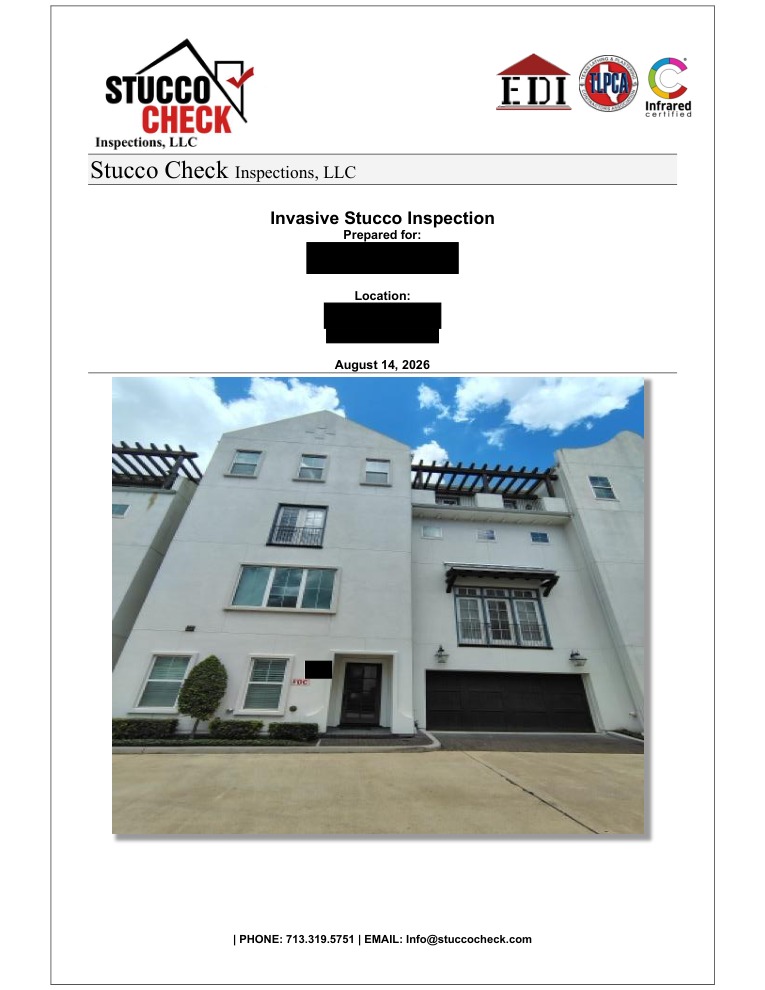 Original Stucco Check report cover with client details and the house number redacted